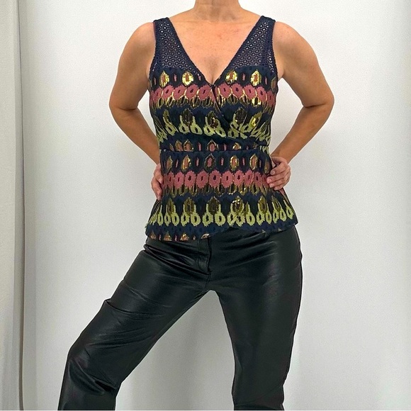 Anthropologie HD In Paris Yana Brocade Metallic Crochet Peplum Sleeveless Top - Picture 12 of 12